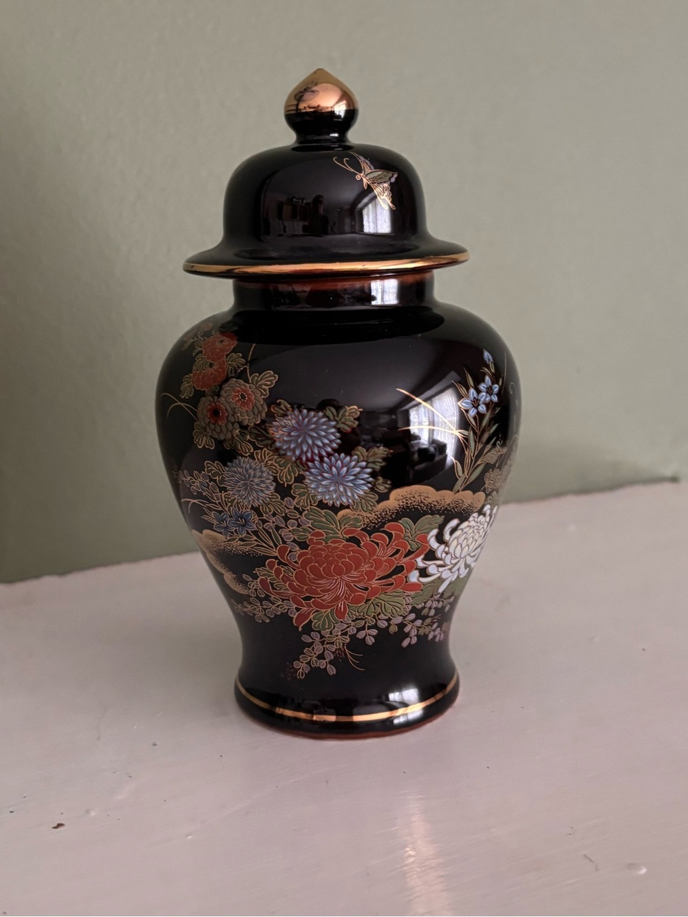 Black Floral Japanese Porcelain Ginger Jar with Gold Accents